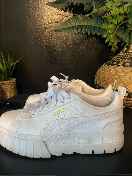 Puma Shoes - Puma White Low-Top Platform Sneakers with Gold Logo